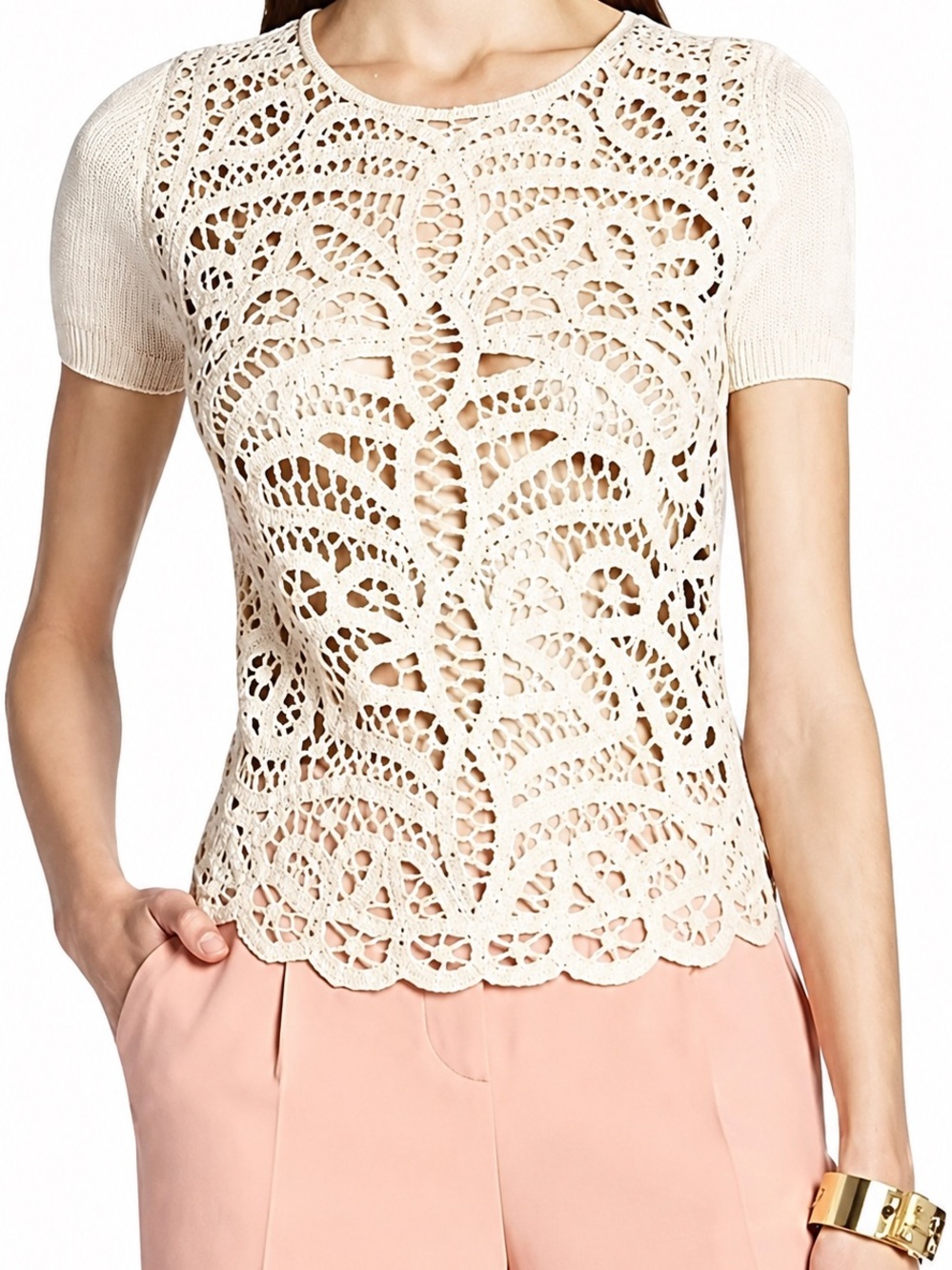 BCBGMaxAzria Ivory Openwork Crochet Short-Sleeve Top beige s